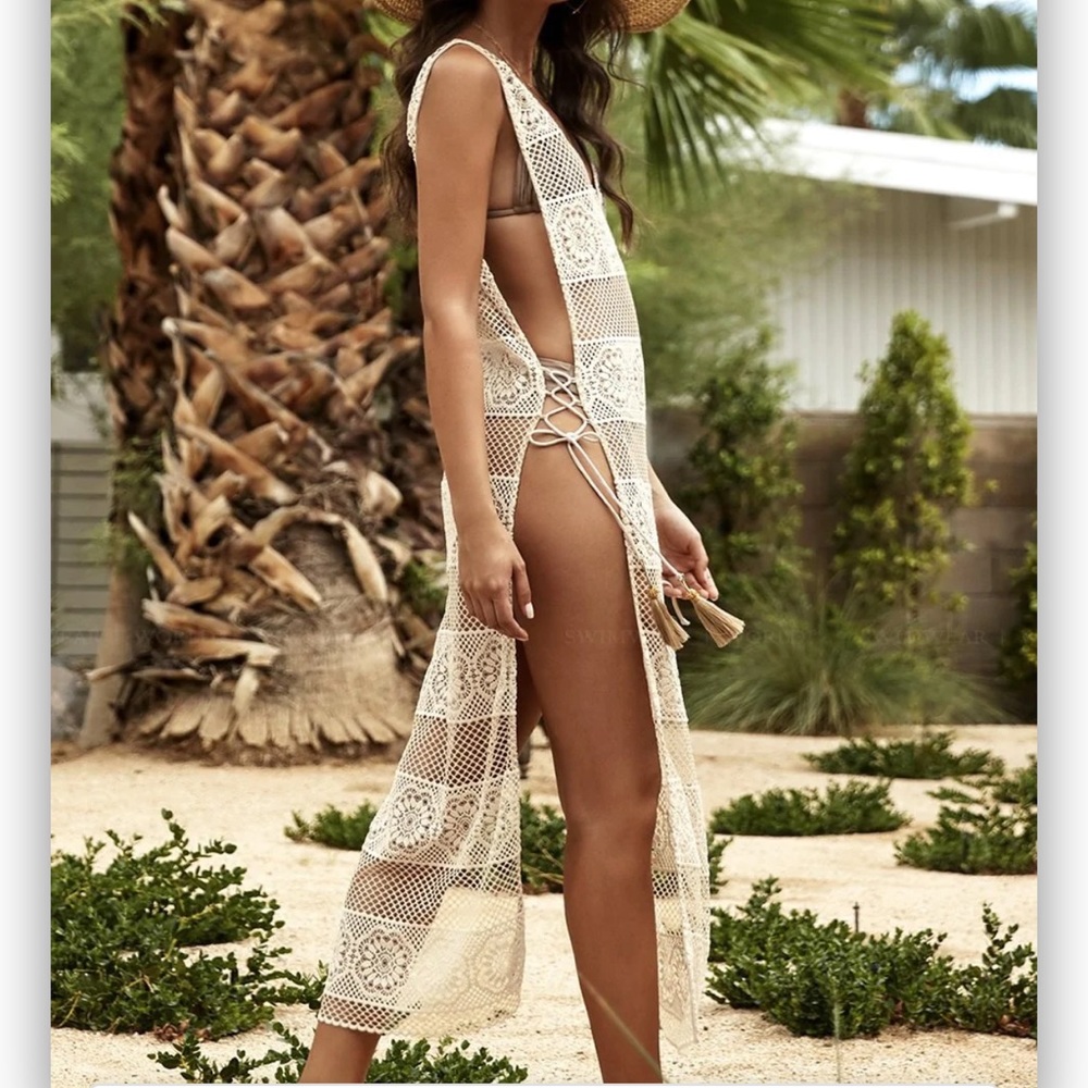 PILYQ *Water Lily Joy* tan lace boho crochet coverup maxi dress XS/S - Picture 2 of 6